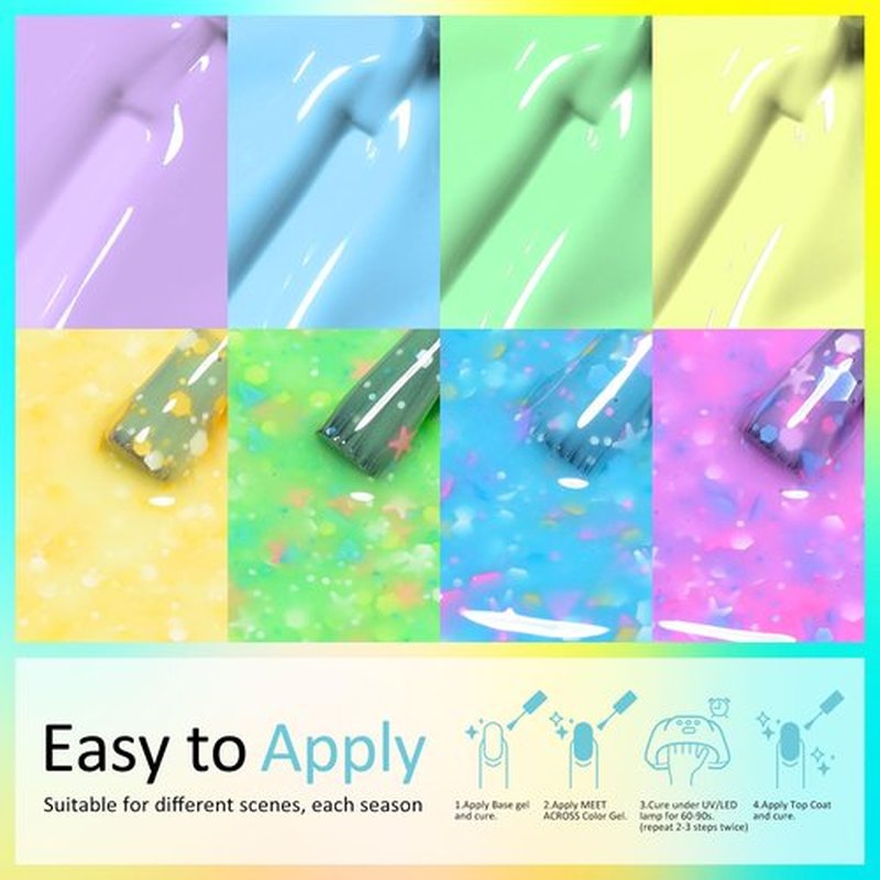 MEET ACROSS 8Pcs Glow in the Dark Gel Nail Polish Set, Macaroon Glows in the Dark Nail Polish Blue Green Yellow Purple Glow Effect Candy Sequins Gel Polish Manicure Holiday Gift