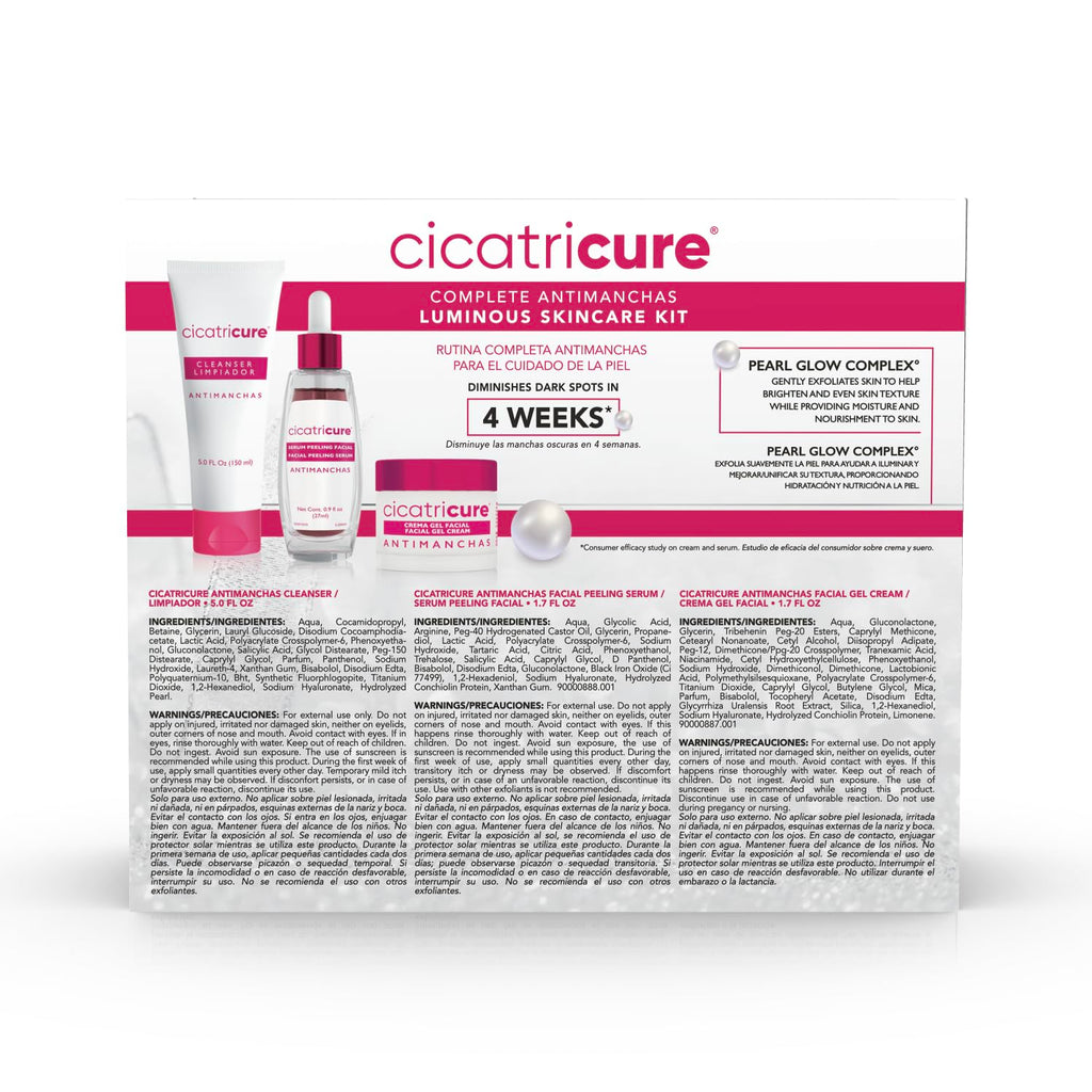 Cicatricure Antimanchas Skin Care Kit: AHA & PHA Exfoliating Face Wash, Brightening Serum, and Moisturizing Gel Cream - Dark Spot Reduction, Enhanced Glow, Paraben & Sulfate-Free
