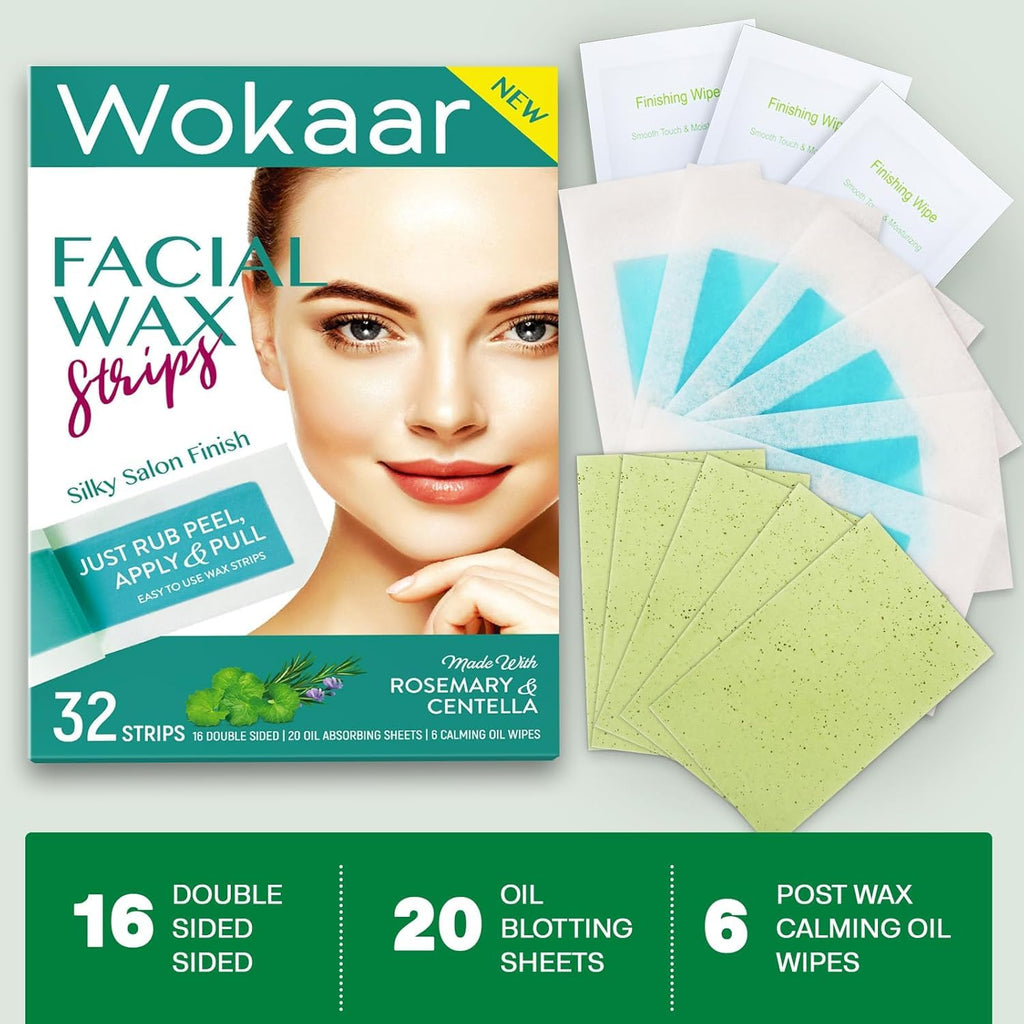 Hypoallergenic Facial Wax Strips for Sensitive Skin | Reusable At-Home Waxing Kit for Eyebrows, Lips, Legs & Bikini | 16 Strips + 6 Calming Oil Wipes + 20 Blotting Sheets