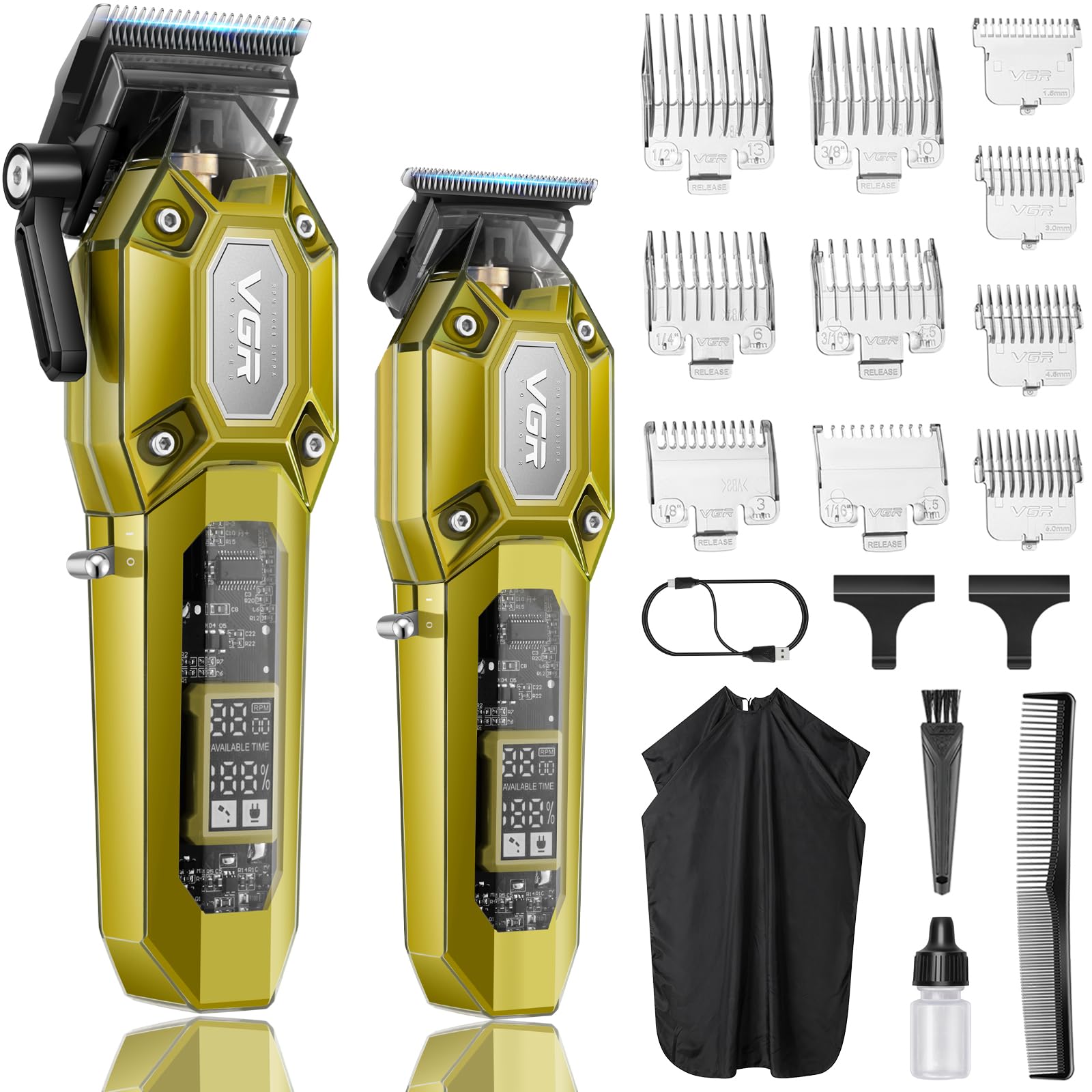 VGR 600&900 Cordless Barber Clipper Trimmer Set with LED Display, Gold