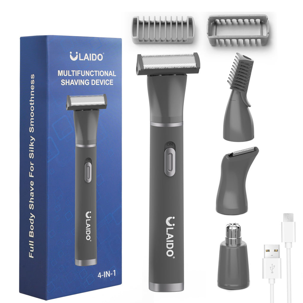 ULAIDO Body Hair Trimmer for Men, 4 in 1 Versatile Trimmer Shavers for Nose Ear Eyebrow Body Hair Trimming, USB-C Fast Charge Electric Pubic Hair Trimmer for Smooth Shaving with Storage Bag