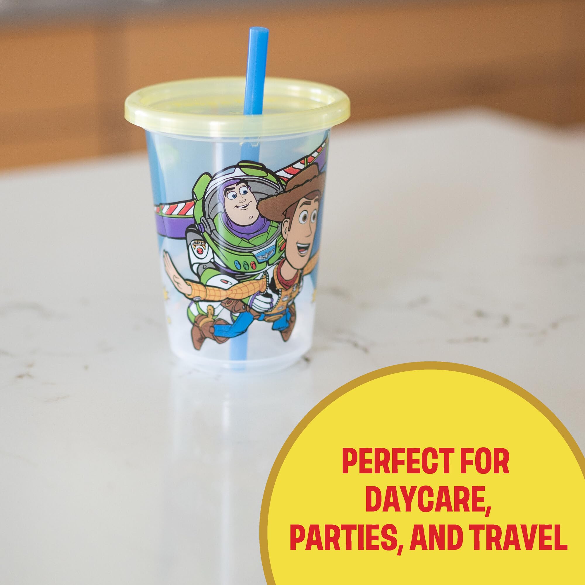 The First Years Take & Toss Toy Story Straw Cups - Spill-Proof Kids Cups with Snap-On Lids and Straws - Portable and Dishwasher Safe - 10 Oz - 10 Count - Ages 18 Months and Up
