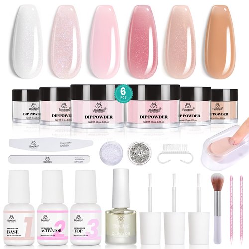 Beetles Dip Powder Nail Kit, 6 Colors Dipping Powder Nude White Pink Glitter with Base Top Coat Activator and Tools for French Nail Art, Easy DIY Home Manicure Salon Valentines Gift for Women