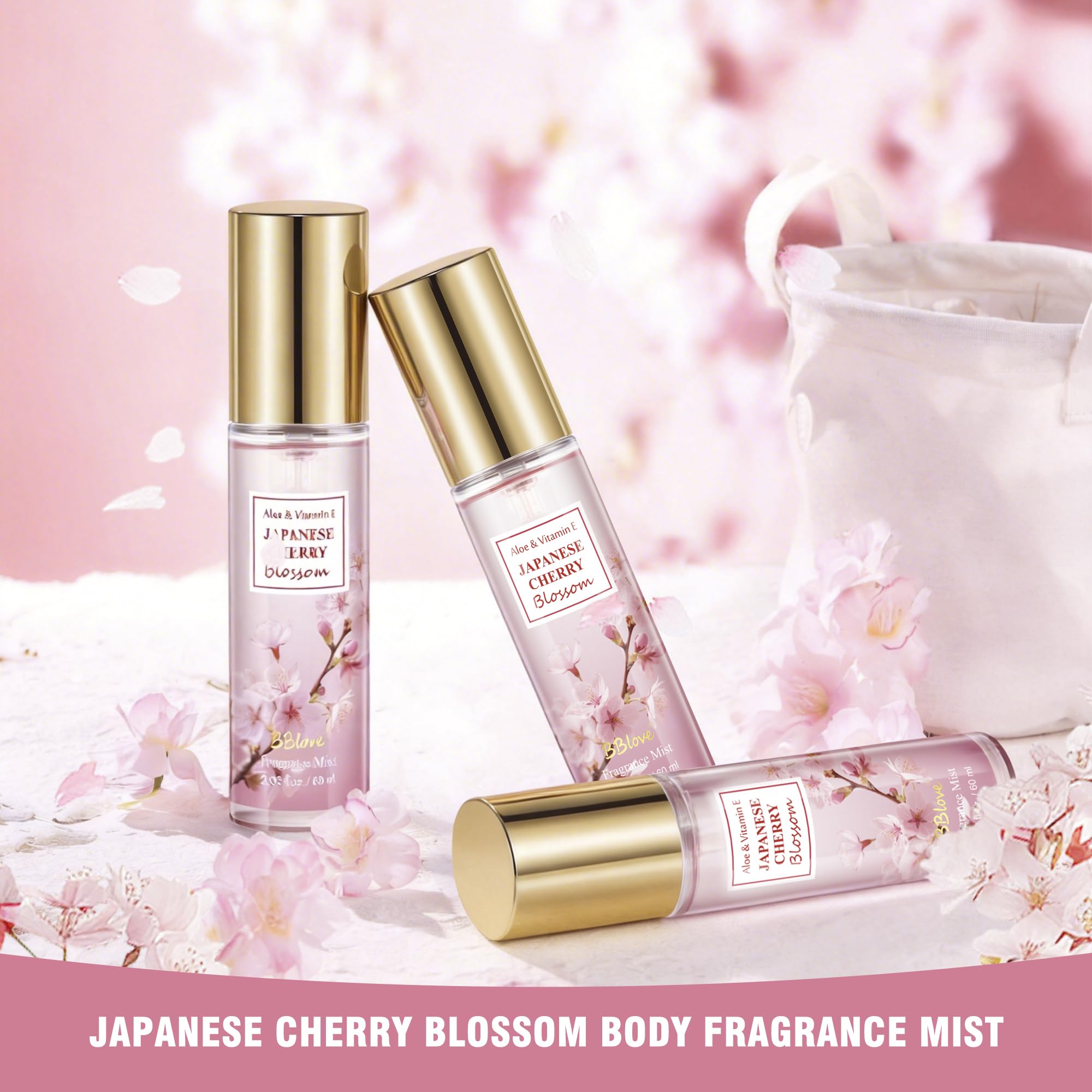 Beautifier Life Portable Body Mist Bath and Body Care Travel Set, Japanese Cherry Blossom Scent, 3 Piece, 2.03 FL OZ Each, Travel Essentials, Gift for Women, Girls, Birthday, Holiday, Mother's Day