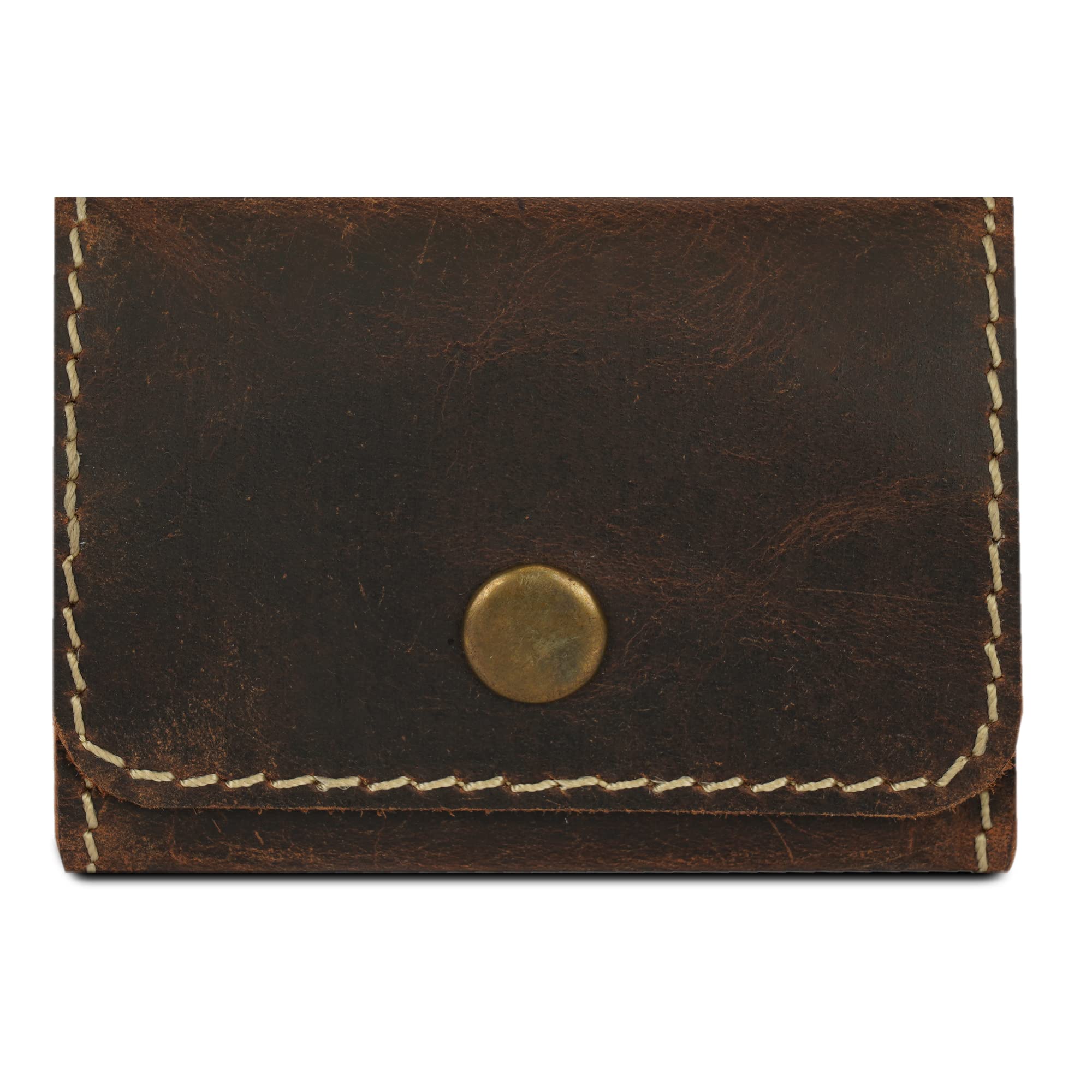 CestAntiQ, Leather Coin Pouch, Change Holder, Mini Pocket Wallet for Men & Women, Vintage Handmade Brown Leather with Antique Button Closure, Natural Threads, Compact Wallet for Coins & Small Items