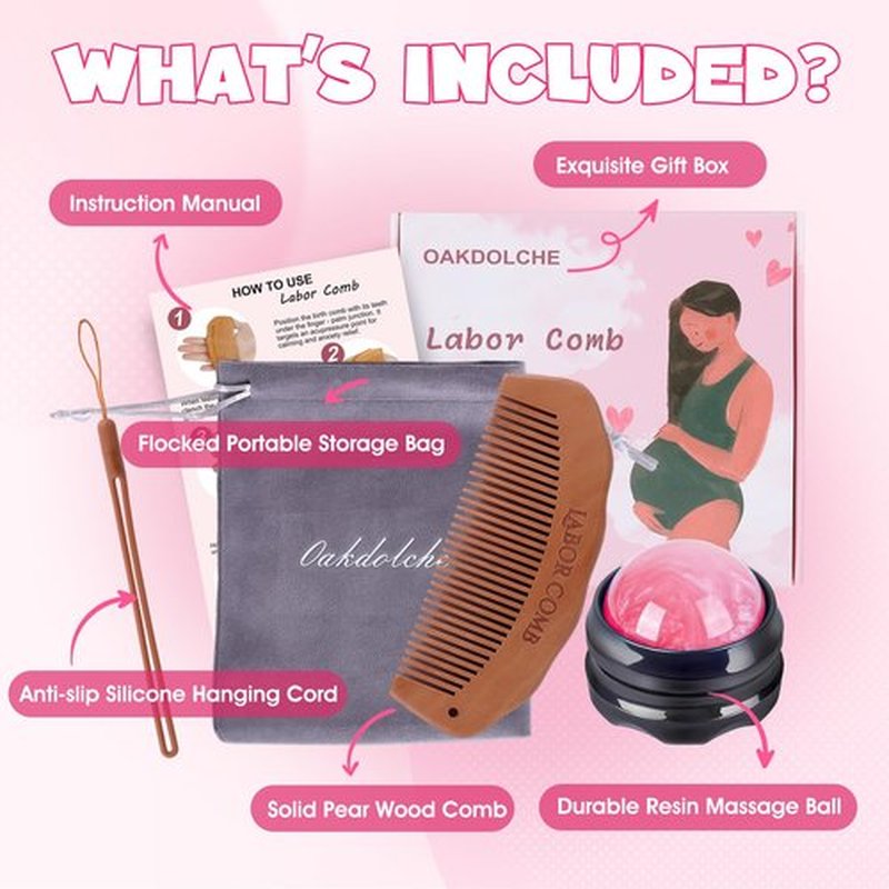OAKDOLCHE Birth Comb & Massage Roller Ball Kit for Women Labor and Delivery Essentials, Wooden Labor Comb Pregnancy Must Haves, Designed for Expectant Moms