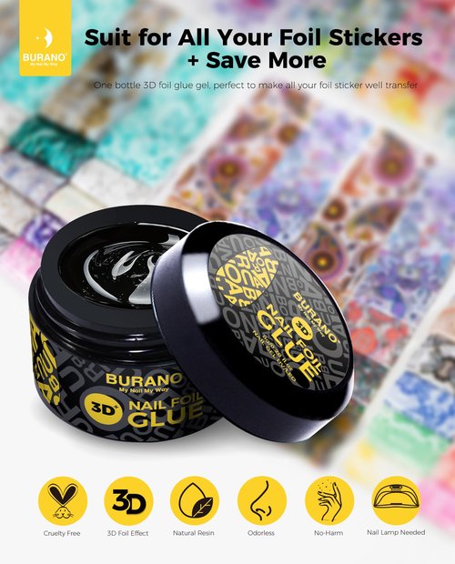 BURANO 3D Nail Foil Glue Gel, 8G 3D Gel Nail Art Foil Gel for Nails 1 Bottle with 10PCS Foils Sticker, Transfer Gel Foil Adhesive Glue Nails Design Foil UV LED Lamp Required