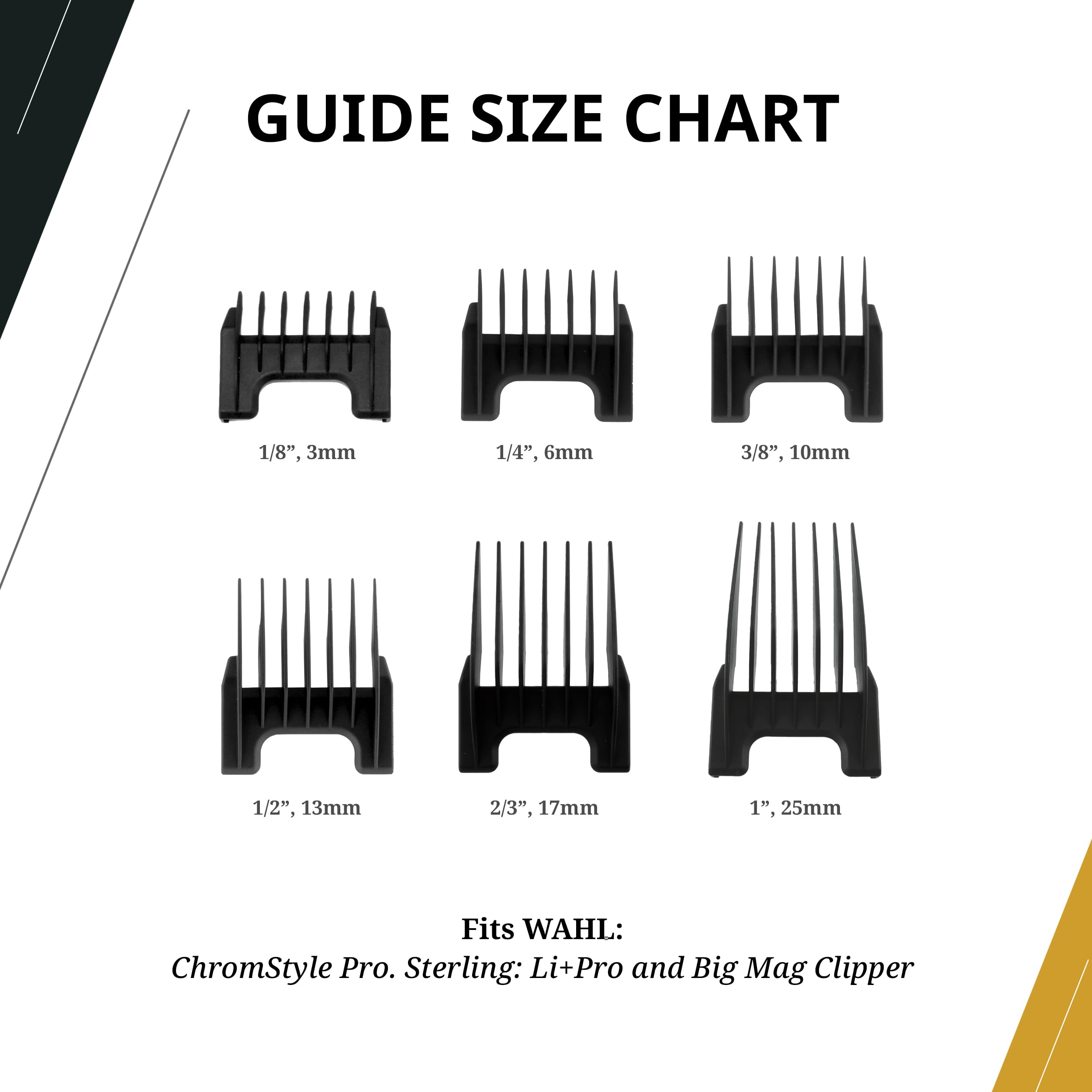 Wahl Professional ChromStyle Cutting Guides, 6 Pack, Ranging from 1/8” to 1”, Durable and Easy to Use, Black