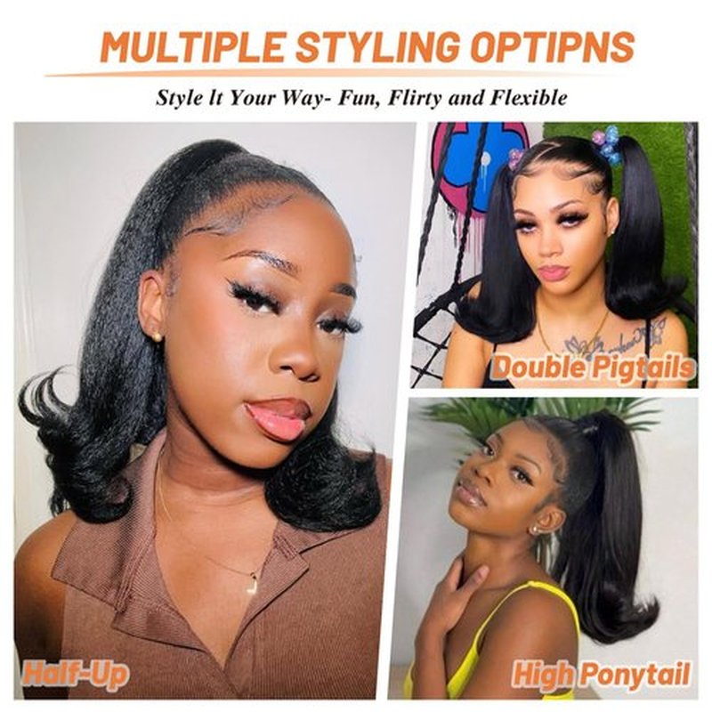 Drawstring Ponytail Extension for Black Women 14 Inch Yaki Kinky Straight Ponytail Flick Style Hairpiece Synthetic Natural Black Rafabcici