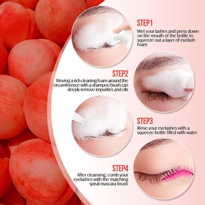 Lash Shampoo for Lash Extensions 60 Ml/2fl.oz Eyelash Extension Cleanser Oil Free Lash Cleanser for Eyelash Care, Gentle Foaming Eyelash Shampoo with Brush for Salon Home Care (Peach 60ml)