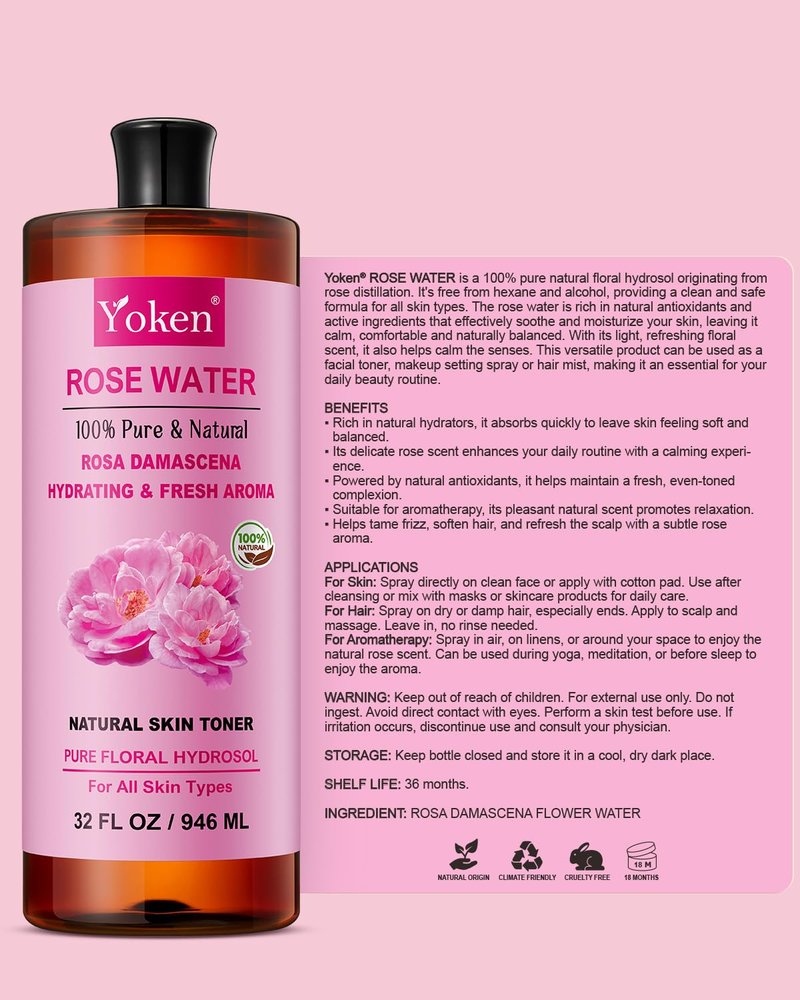 Yoken Pure Rose Water Toner for Face, 32 Fl Oz Bulk, 100% Rosa Damascena Rose Hydrosol, Refreshing Rosewater for Hair, Skin, Aromatherapy, Hydrates & Soothes, Alcohol Free, Chemical Free
