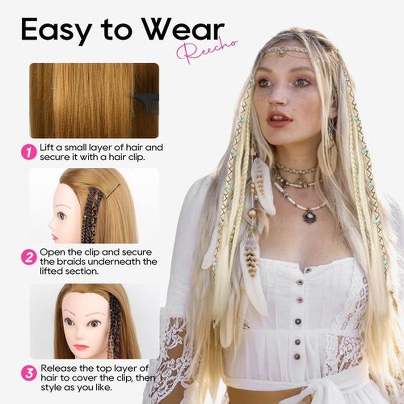 REECHO Clip in Braid Hair Extensions for Women, 16" Boho Dreadlock Clip in Braids with Beads & Charms, 2PCS Synthetic Braided Hairpieces for Cosplay Daily, Medium Blonde with Light Blonde