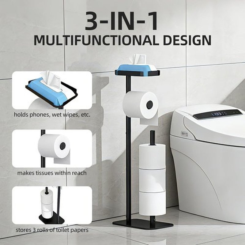 Skiennix Free Standing Toilet Paper Holder - Rustproof Metal with Anti-Slip Base & Top Shelf | Black