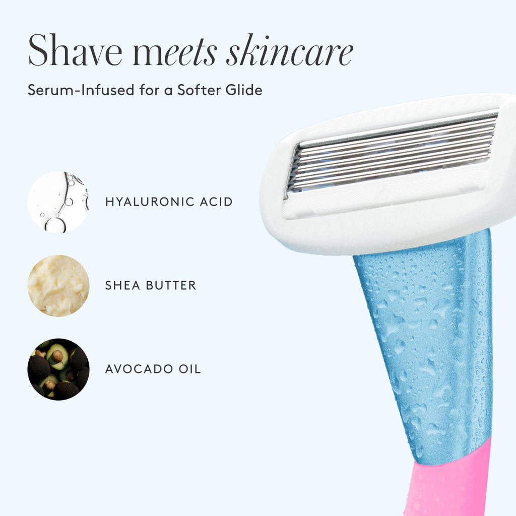 Athena Club Women’s Razor Kit, 5-Blade Cartridge Razor for Sensitive Skin, Serum-Infused Blades with Shea Butter and Hyaluronic Acid, Includes Handle, 5 Refills and Magnetic Shower Hook - Pool Party