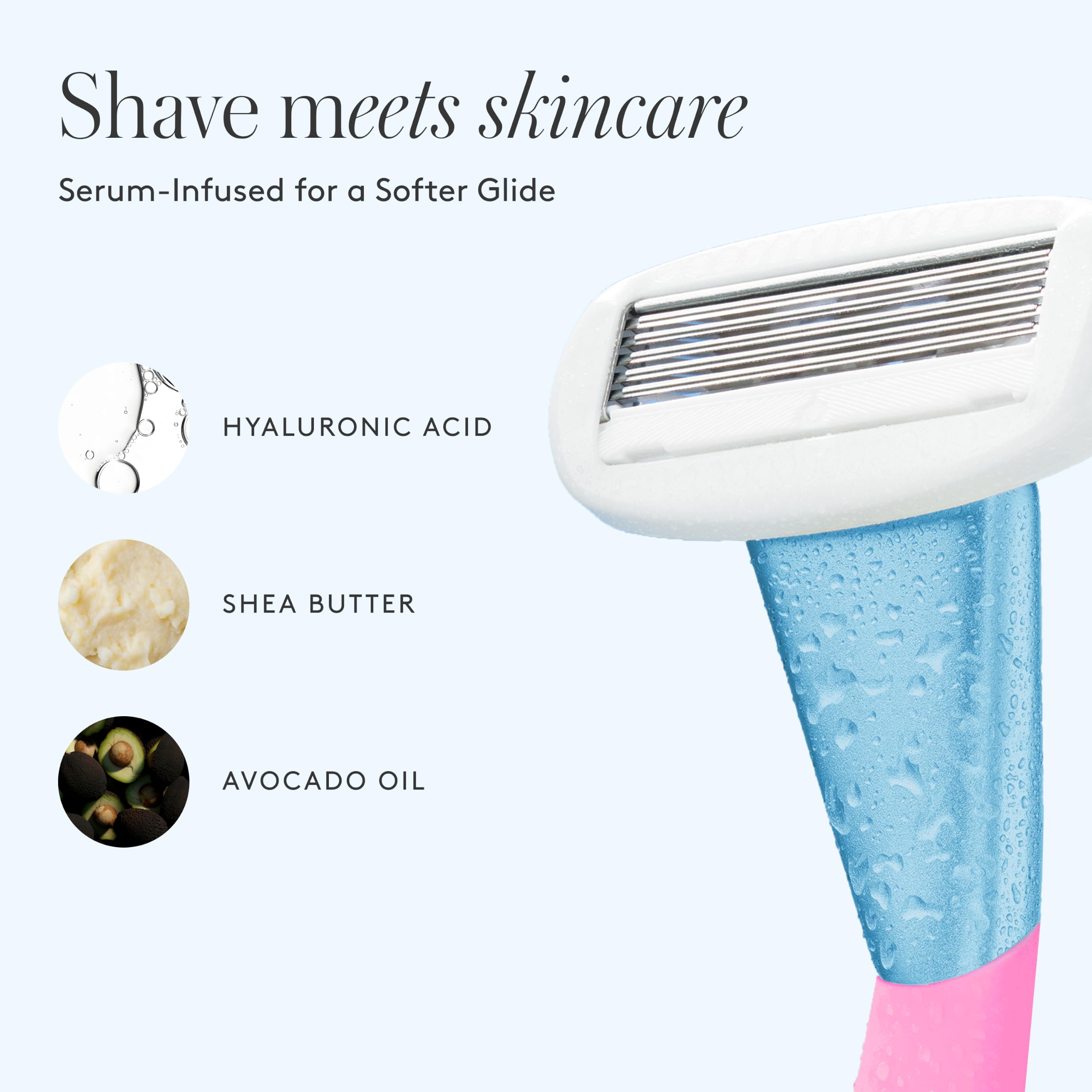 Athena Club Women’s Razor Kit, 5-Blade Cartridge Razor for Sensitive Skin, Serum-Infused Blades with Shea Butter and Hyaluronic Acid, Includes Handle, 5 Refills and Magnetic Shower Hook - Pool Party