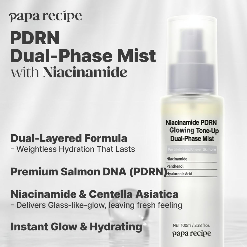 Papa Recipe Niacinamide PDRN Glowing Tone-Up Dual-Phase Mist(3.38fl oz/100ml) - Evening Out Skin Tone & Radiance, Instant Glow, Deep Hydrating Serum Spray, Lightweight & Non-Sticky