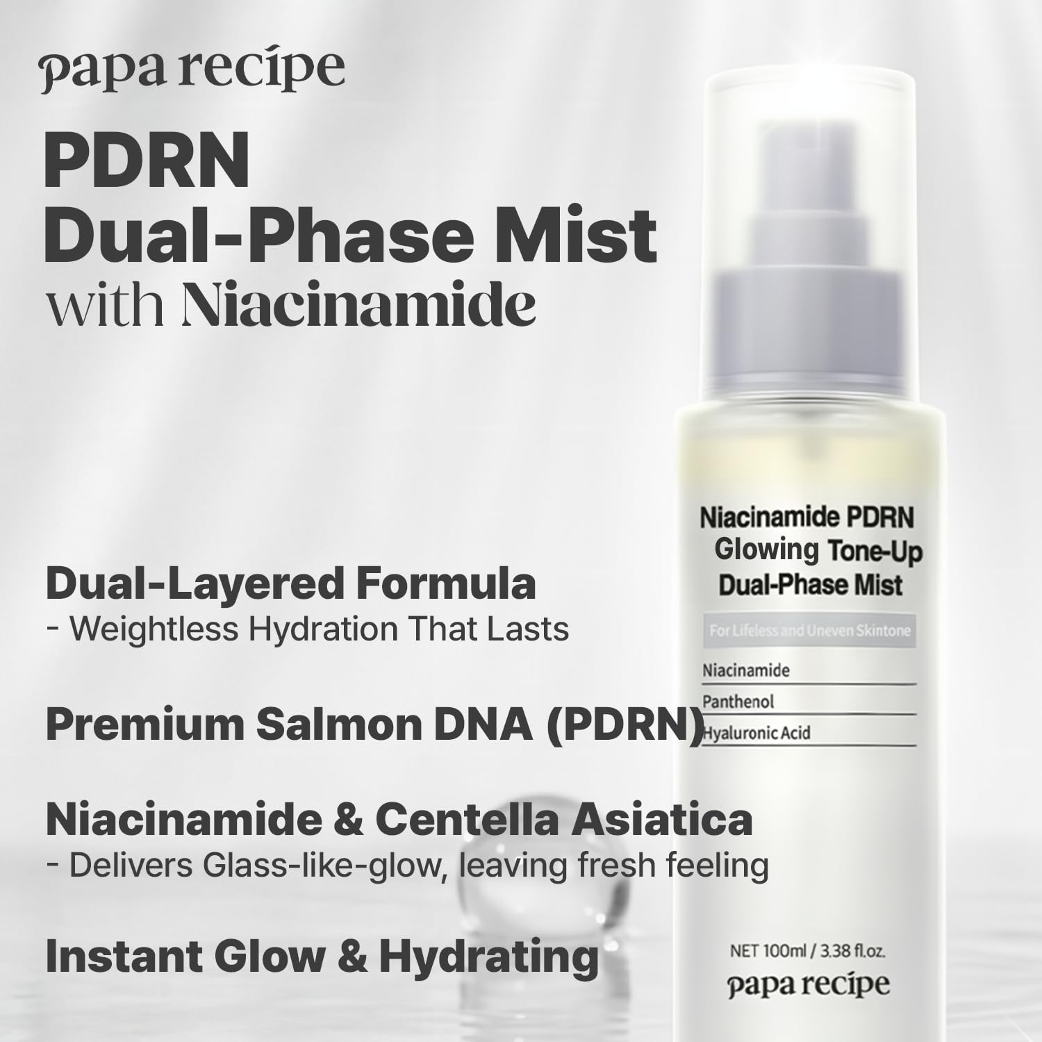 Papa Recipe Niacinamide PDRN Glowing Tone-Up Dual-Phase Mist(3.38fl oz/100ml) - Evening Out Skin Tone & Radiance, Instant Glow, Deep Hydrating Serum Spray, Lightweight & Non-Sticky