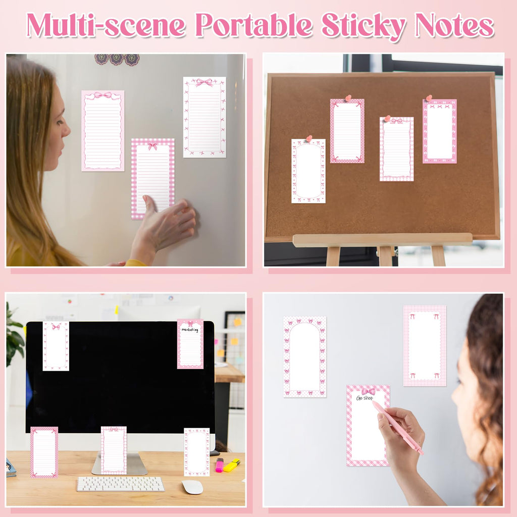 Thenshop 48 Pcs Pink Bow Sticky Notes and Pens Set Pink Notes Preppy Aesthetic Self Stick Notepads Ballpoint Pens for Coquette Supplies Bow Party Favors