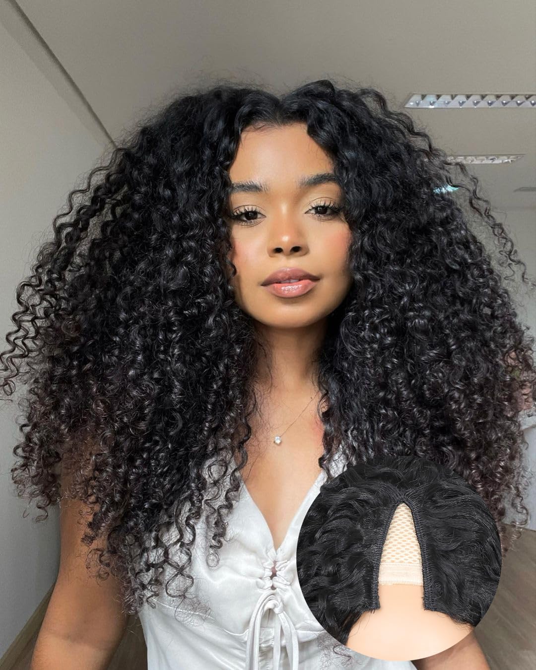 V Part Burmese Curly Wig for Black Women, Glueless Protein Silk Synthetic Curl Upgraded U Part Wigs Soft Natural Human Hair Feel, Lightweight Beginner Friendly Upart, Daily Wear/ Time-Saving Vpart