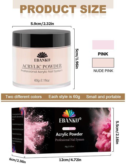 EBANKU Nude Pink Acrylic Powder, 2 * 60g/2.1oz Acrylic Powder Large Capacity Professional Acrylic Nail Powder for Nail Acrylic Extension, Nail Carving, Long-Lasting, No Nail Lamp Needed