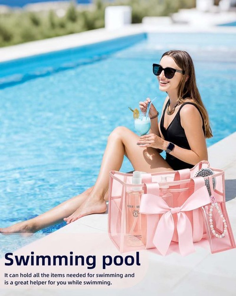 Skiennix Jelly Tote Bag - Large Pink Beach Bag with Bow | Waterproof & Stylish Design