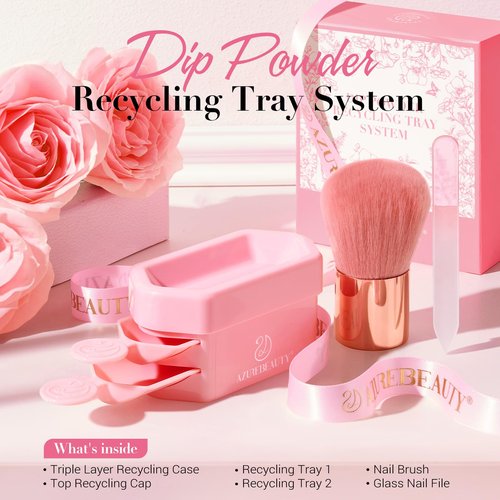 AZUREBEAUTY Dip Powder Recycling Tray System, Triple Layer Recycling Case Nail Dip Powder Container with Nails Tool Nail Brush Glass Nail File, French Nail Art Manicure Essential Tool