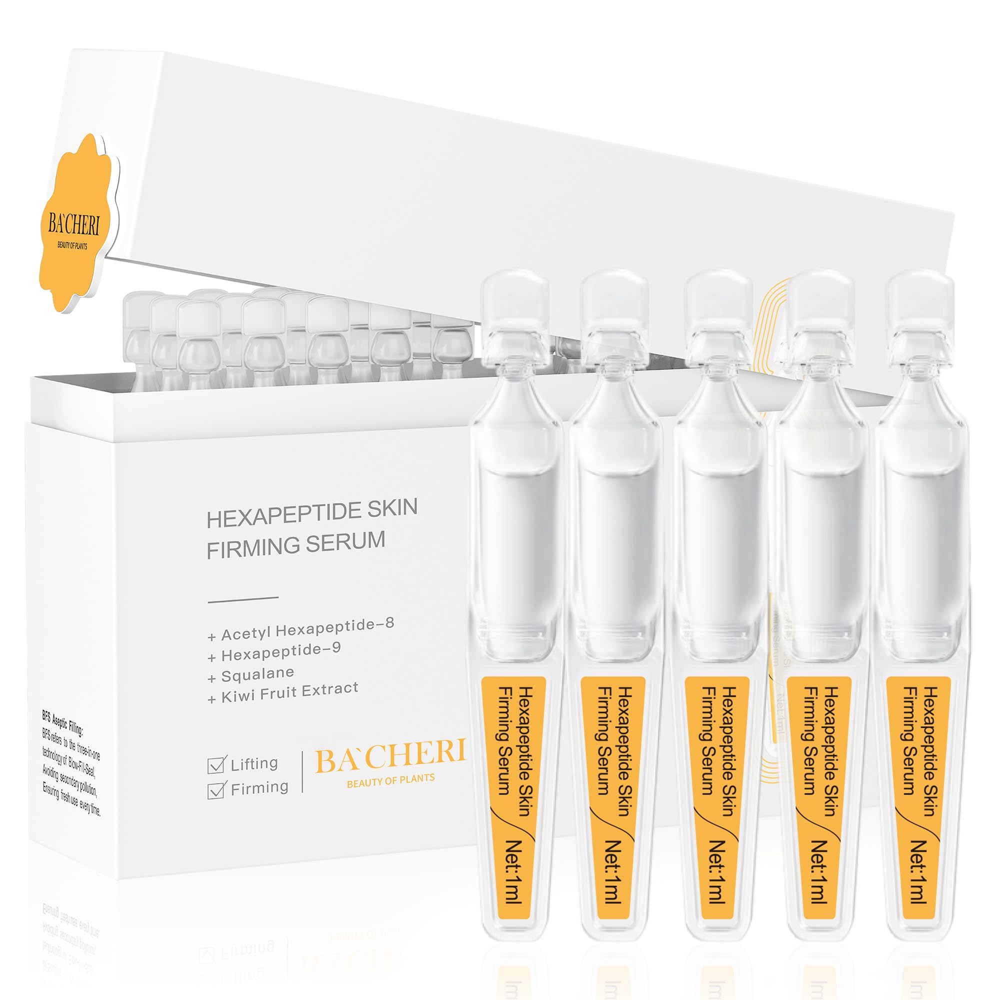 BACHERI Skin Firming Serum with Acetyl Hexapeptide-8, Hexapeptide-9, Carnosine - Moisturizing, Hydrating and Antioxidant Peptide Serum for Fine Lines, 30 Pcs/Box Ampoules