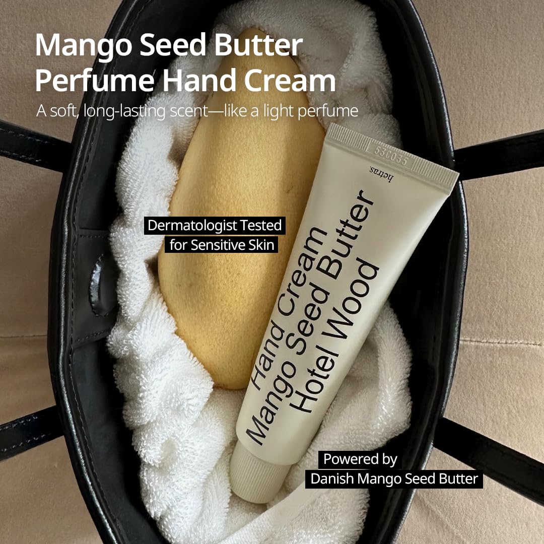 hetras. Perfume Hand Cream (Hotel Wood) – Fast-Absorbing Moisturizer for Dry Skin | 1.69 oz Travel-Size Non-Greasy Lotion | Nourishing Mango & Shea Butter | Long-Lasting K-Beauty Woody Amber Scent