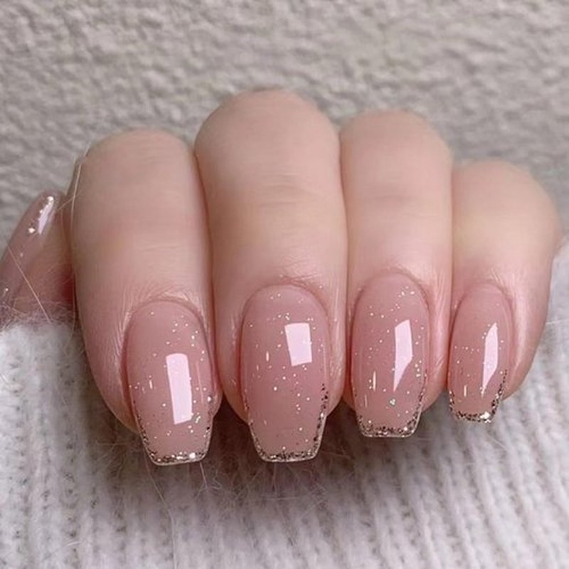 Hkanlre Medium Coffin Press on Nails Bling Fake Pink Nails Tips Full Cover False Gold French Nails for Women and Girls 24PCS