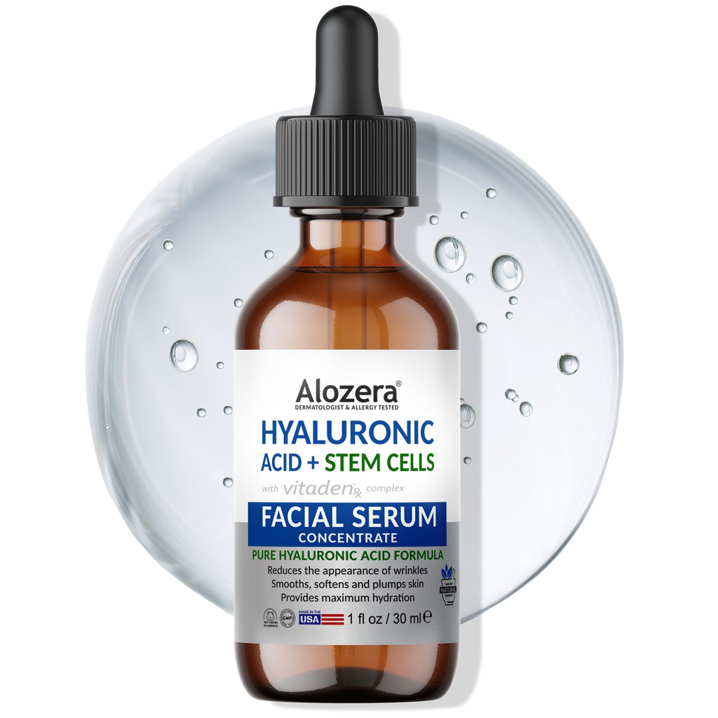 Alozera Hyaluronic Acid Serum for Face with Stem Cells, Deep Hydrating & Plumping Facial Serum for Dry Skin, Helps Improve Smoothness & Elasticity, Anti-Aging Moisturizing Serum for Day & Night