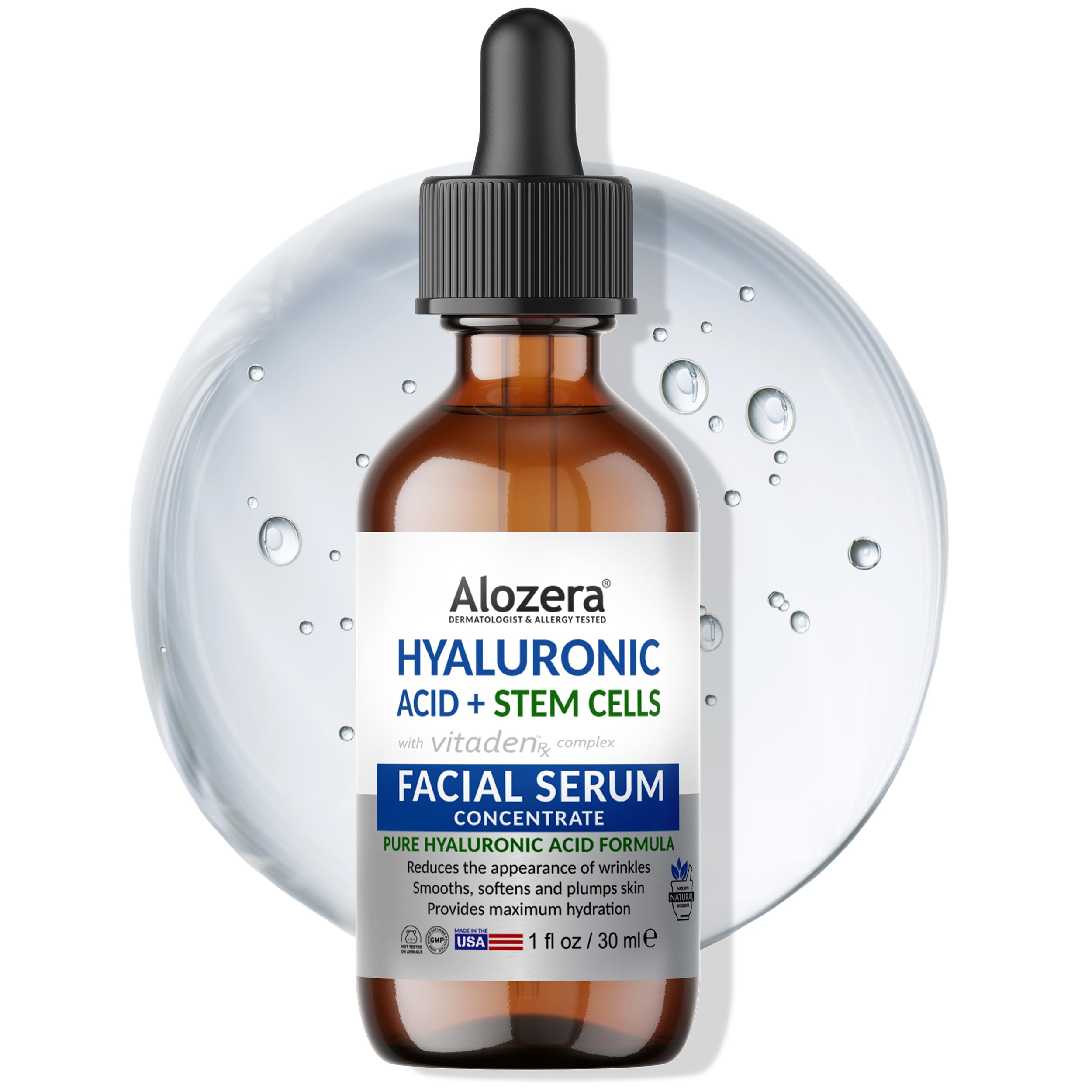 Alozera Hyaluronic Acid Serum for Face with Stem Cells, Deep Hydrating & Plumping Facial Serum for Dry Skin, Helps Improve Smoothness & Elasticity, Anti-Aging Moisturizing Serum for Day & Night