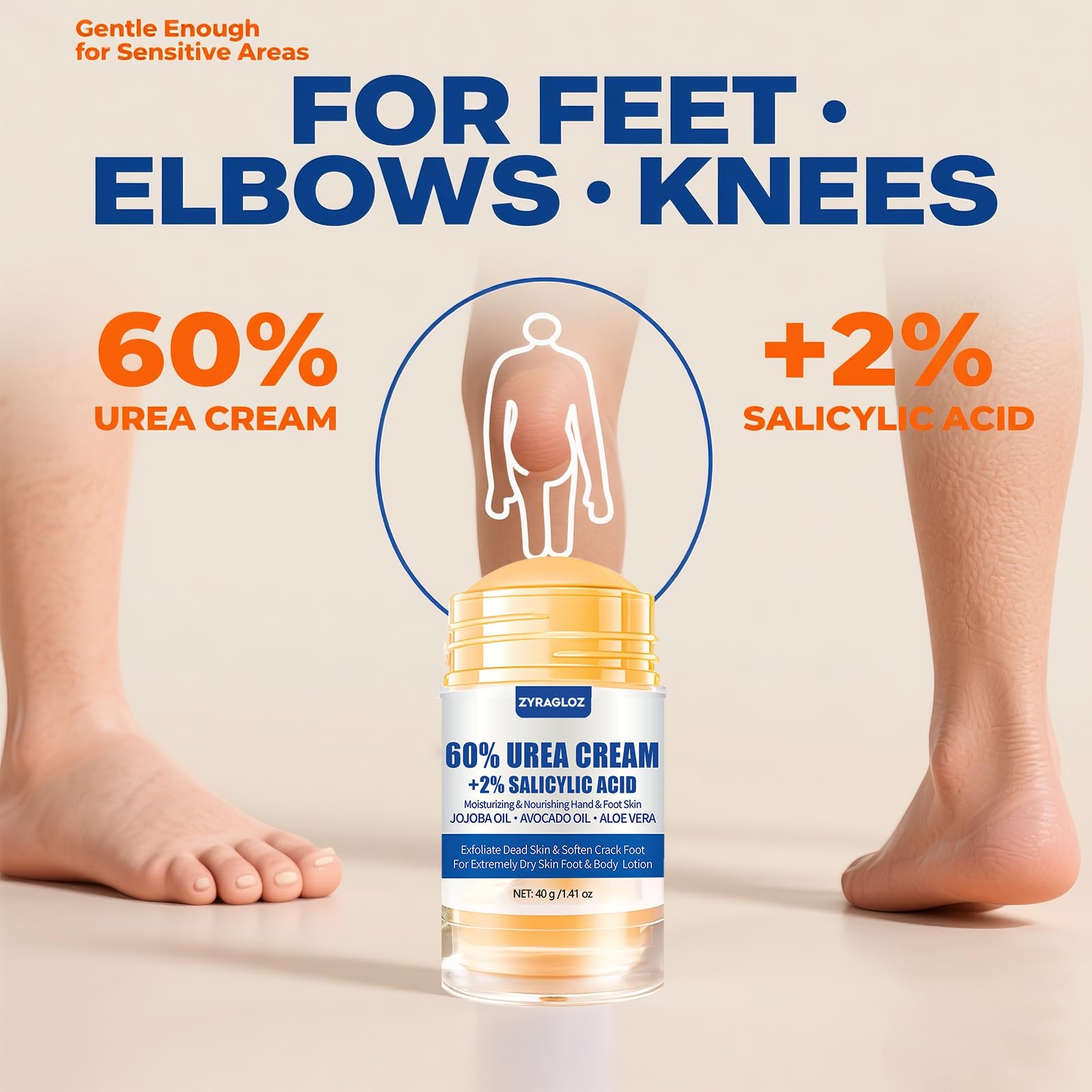 Urea Cream Stick 60% plus 2% Salicylic Acid, 2PCS Maximum Strength Urea Cream for Feet, Foot Lotion Stick for Cracked Heels, Dry Hands & Rough Knees, Callus Remover & Skin Softener, Soften Dead Skin