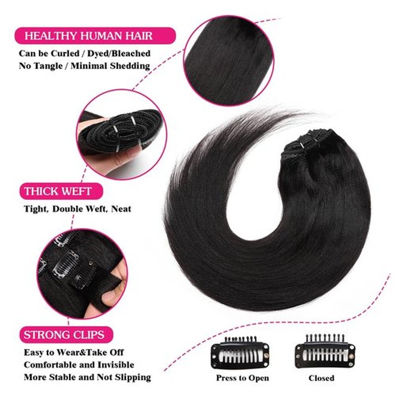 20inch Light Yaki Straight Clip ins, 120G Full Head Real 100% Human Hair Clips for Women Seamless Yaki Clip in Hair Extensions for Thin Hair Natural Black 8Pcs Hair Pieces with Secure Clips