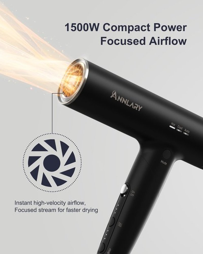 Annlary Hair Dryer, Blow Dryer with Diffuser for Curly Hair | Plasma Ionic Hairdryer for Frizz Control | Low Noise | Foldable for Travel | 6.5Ft ALCI Cord | Magnetic Nozzle for Faster Drying