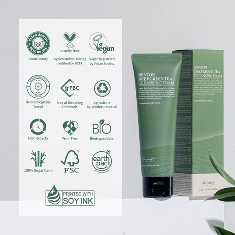 BENTON Deep Green Tea Natural Face Wash (4.23 oz.) - Hydrating and Gentle Facial Cleanser for Various Skin types, Korean Foaming Facial Cleanser