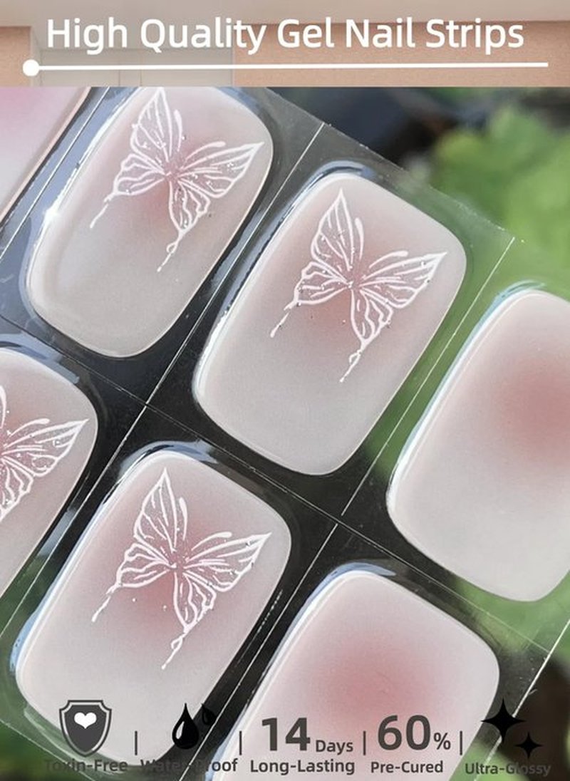 NNWW Semi Cured Gel Nail Strips 20pcs Spring Gel Nail Wraps with UV Light, Long-Lasting & Easy to Apply Nail Stickers for DIY Nail Art at Home (Sunset Butterfly)