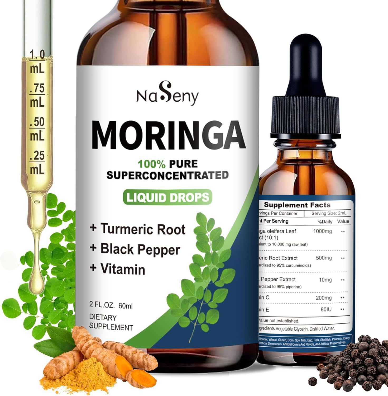 NaSeny Organic Moringa Oleifera Liquid Drops, 1000mg Moringa Leaf Extract w. Turmeric, Black Pepper, Moringa Supplement for Energy, Antioxidant, Joint & Gut, Fast Absorption, Vegan, Non-GMO, 2 Fl Oz