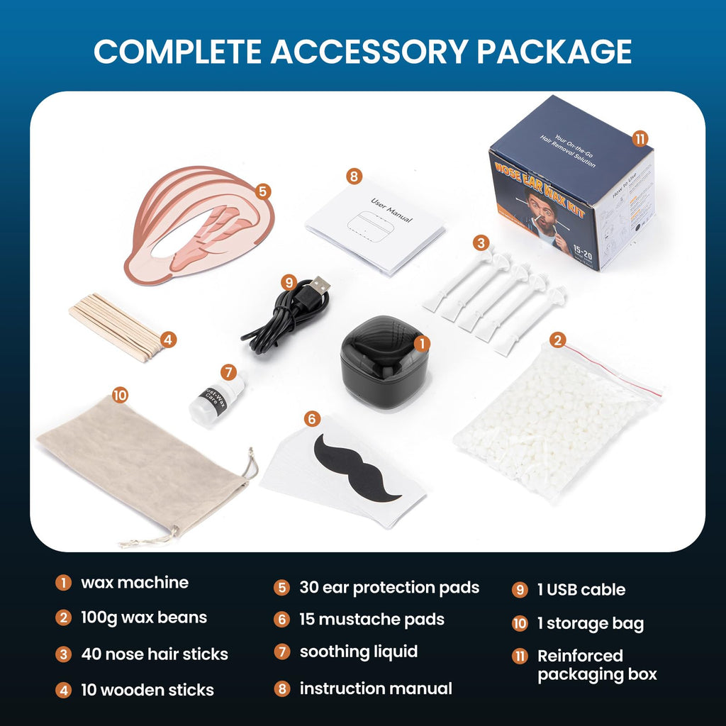 Nose Wax Kit Men, Nose and Ear Hair Waxing Kit with 100g Wax, 40 Applicators, Ear Hair Removal Kit, 20 Uses, USB Fast Heat, Smart Constant Temp, Upgraded Size, Multi-Accessories, White