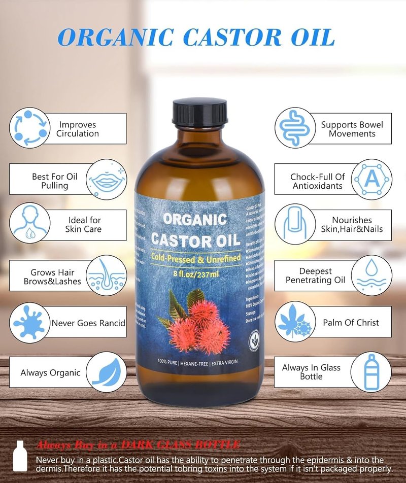 VRJEUGO Organic Castor Oil for Face Roll On，Rollerball Deep Hydration for Skin Care and Hair, Castor Oil Organic Cold Pressed Unrefined Glass Bottle 8oz with 2 Roller