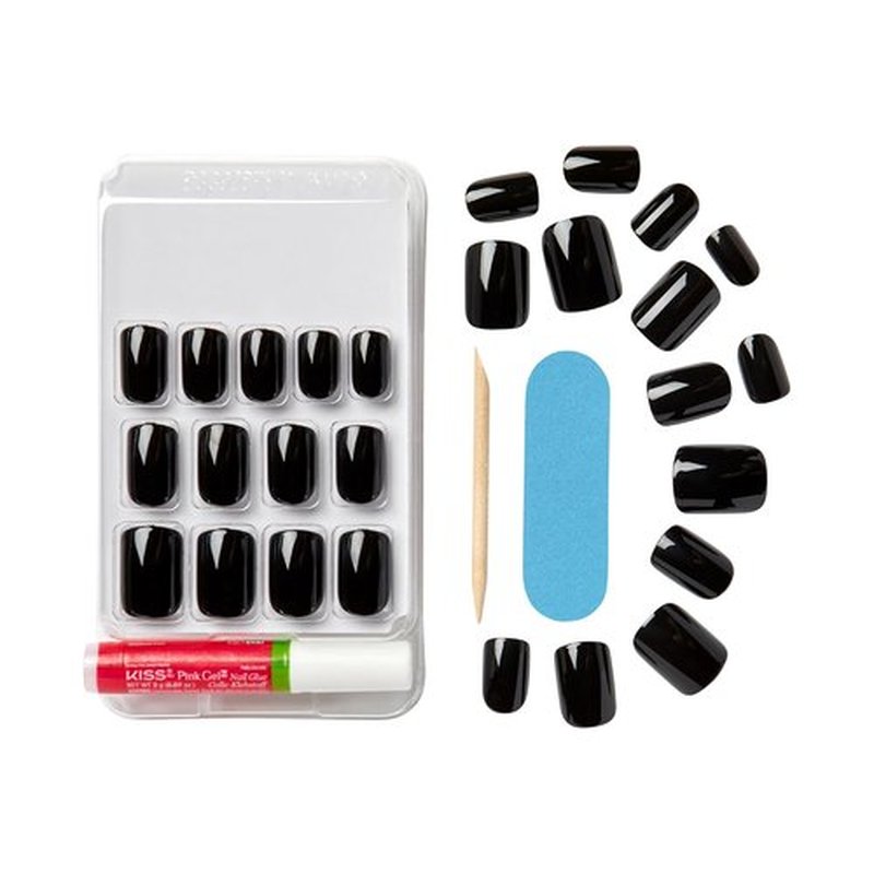 KISS Gel Fantasy Press-On Nails - 'Aim High' Black Squoval Shape | Includes Glue & Accessories