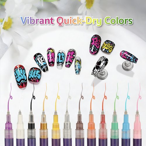 12 Colors Nail Art Pens Set,Premium Waterproof Nail Pens for Pail Art Painting Nails, Quick-Dry Nail Pens for Detailed Nail Design & Creative Manicures