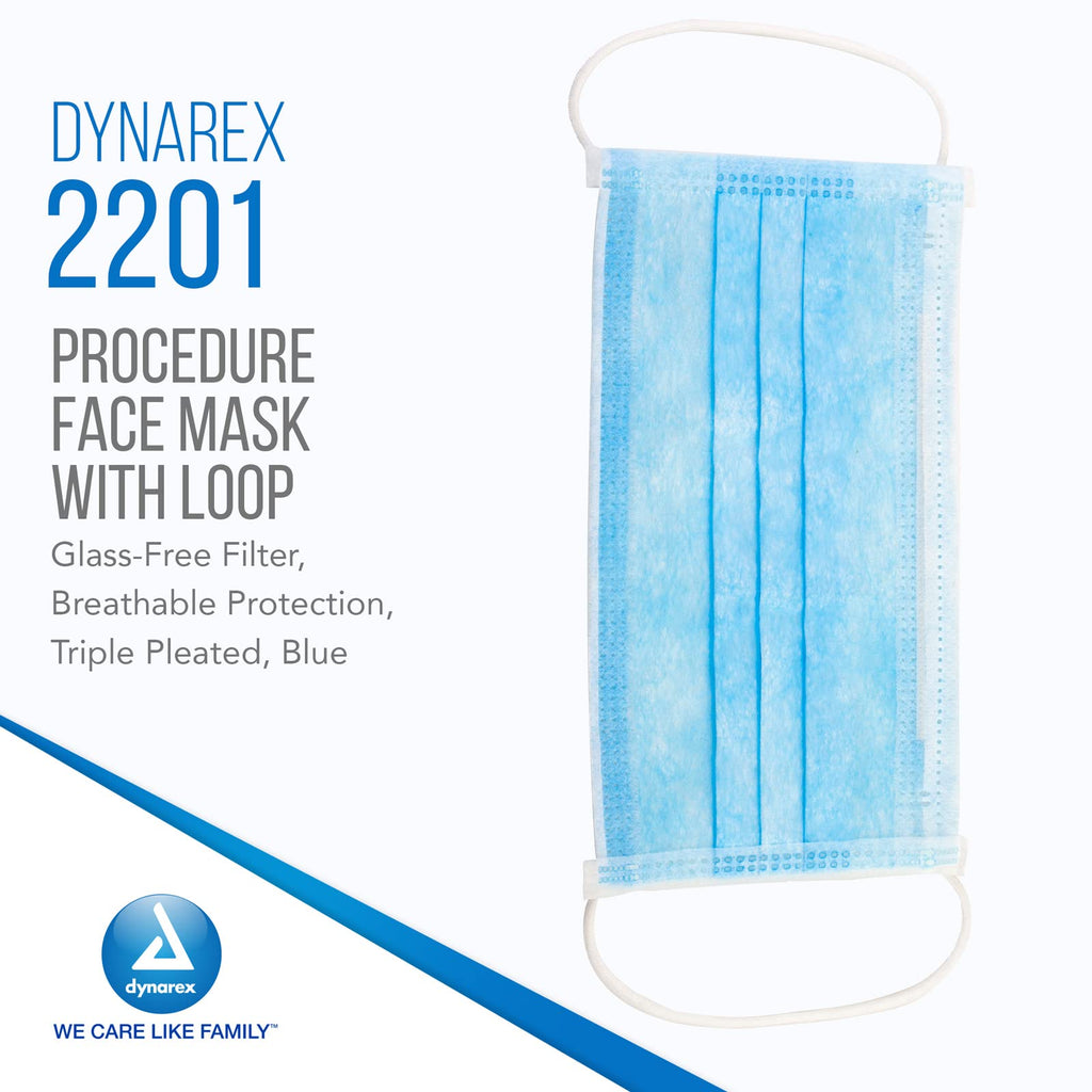 Dynarex Procedure Masks - Triple-Pleated Face Masks with Ear Loops & Nose Strip - Disposable Medical Mask, Face Protection for Hospital - 50 per Box– Blue