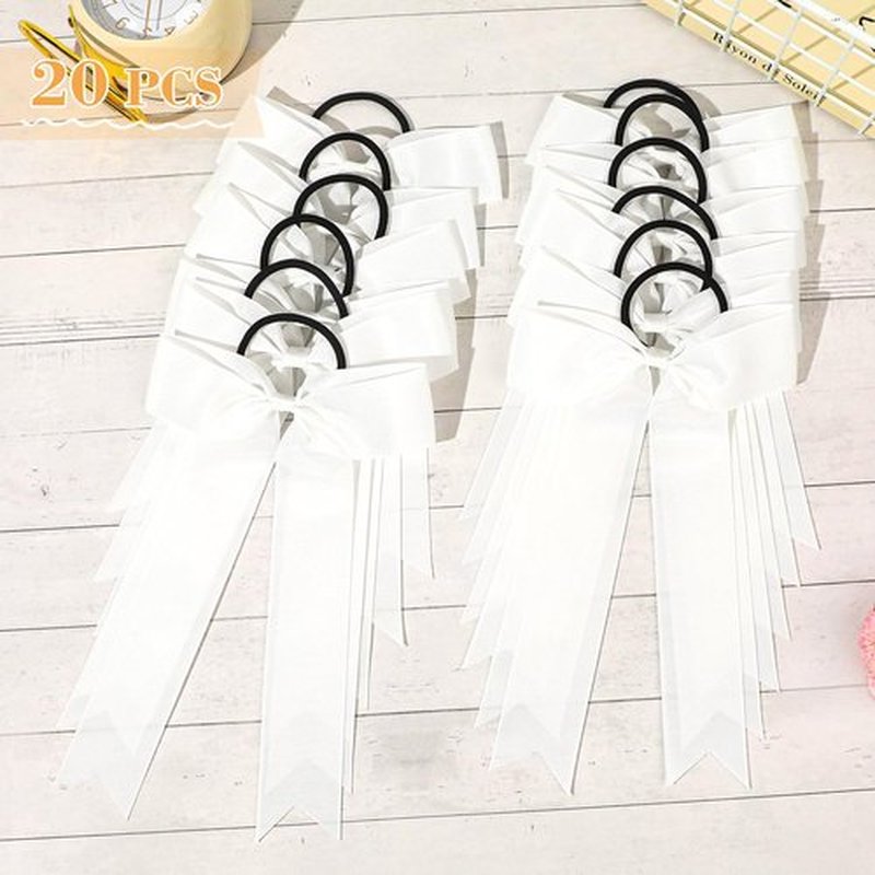 CEELGON 20 PCS College Style Cheer Bows Collegiate Long Tail Skinny Cheer Bow Elastic Hair Tie Bows for Teens Girls Softball Competition Sports Cheerleaders (White)