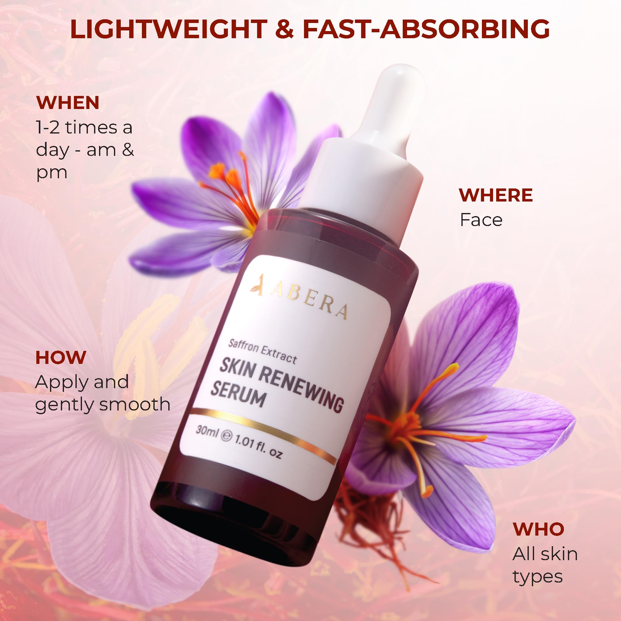 ABERA Renewing Saffron Serum, High-Potency Melasma Treatment for Face & Body, Dark Spot Remover for Age Spot Sun Spot Freckles Brown Spot, Anti-Aging Moisturizer with Hyaluronic Acid & C, 1.01 Fl Oz