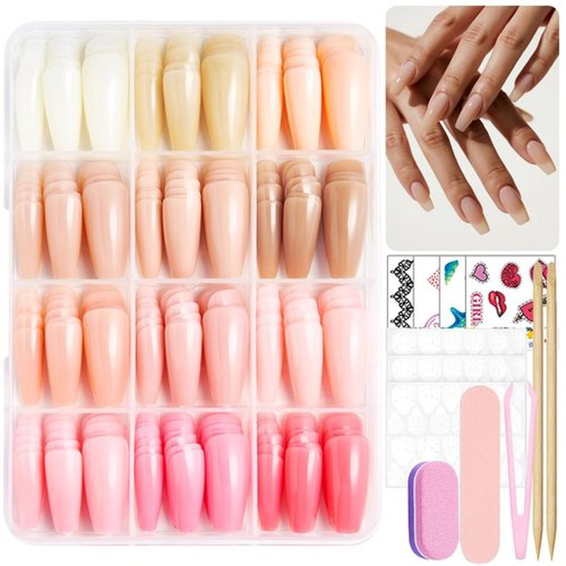 12 Color Coffin Press on Nails Nude Pink Fake Nails Pure Color False Nail Light Color Glue on Nail Reusable Glossy Full Cover Artificial Acrylic Medium Stick on Nail for Women DIY Manicure 288 Pcs