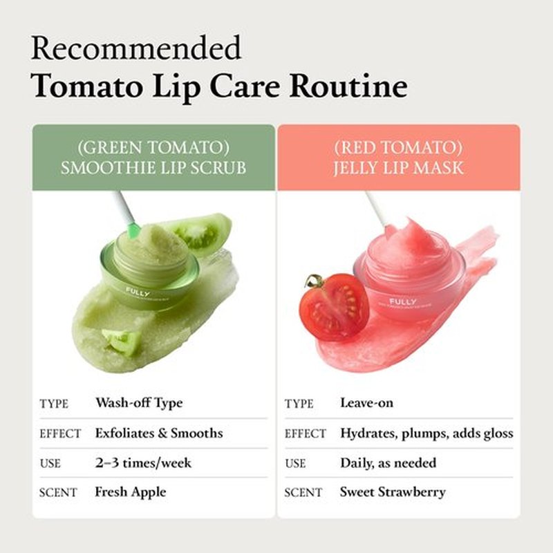 FULLY Green Tomato Smoothie Sugar Lip Scrub, Gentle Lip Exfoliator with Organic Sugar & Tomato Seed Oil for Smooth, Hydrated Lips, Vegan Daily Lip Polish for Dry, Flaky Lips, Korean Skincare, 0.42 oz