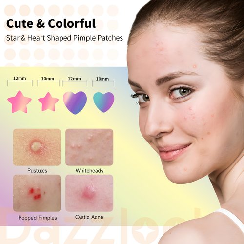Dazzlook Star Pimple Patch with Salicylic Acid Tea Tree Oil & Centella Asiatica, Hydrocolloid Pimple Stickers Iridescent Colors 96 Pcs 2 Sizes, Cute Star Heart Shaped Zits Blemishes Breakouts Patches