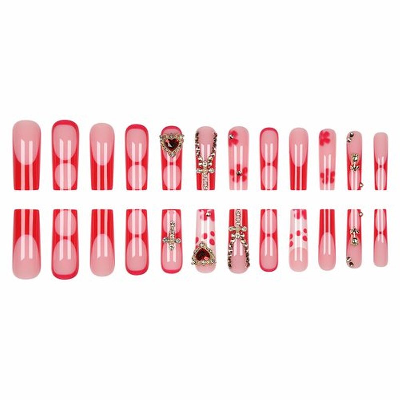 BABALAL Press on Nails Long Square Fake Nails Red French Tip Acrylic Nails Vintage Gold Cross Heart Charm Luxury Acrylic Nails 24pcs Squoval False Nails Supplies Y2k Goth Artificial Nails Art Diy