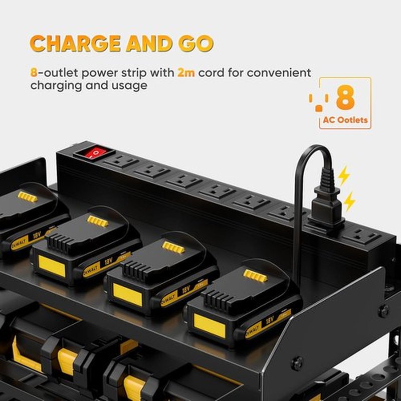 POKIPO Power Tool Organizer - Heavy Duty Wall Mount Storage Rack with Charging Station & 8 Outlet Power Strip