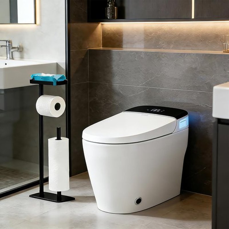 Skiennix Free Standing Toilet Paper Holder - Rustproof Metal with Anti-Slip Base & Top Shelf | Black